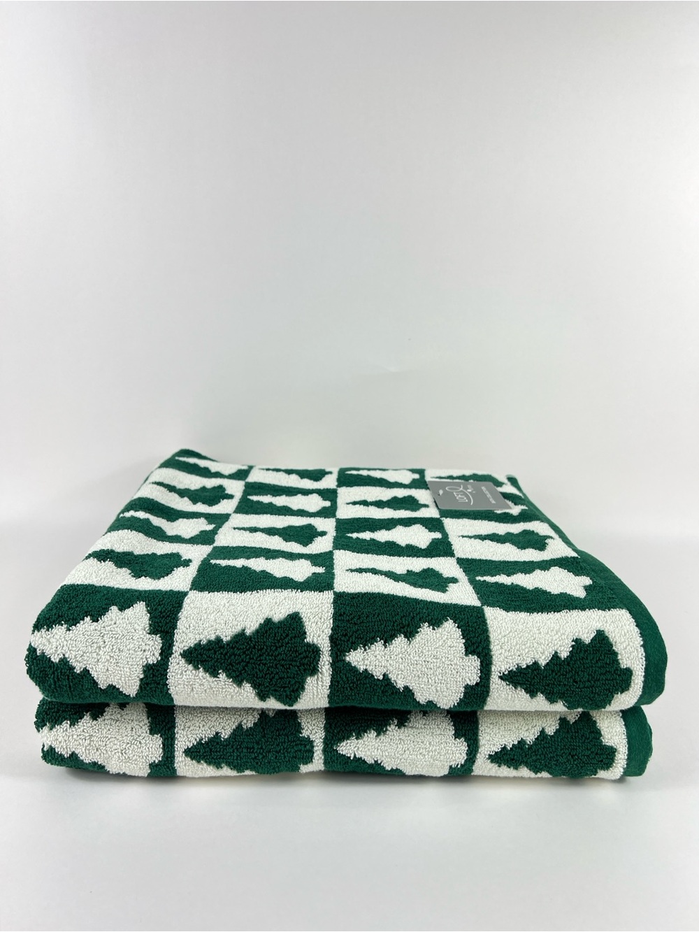 Loft by Loftex Holiday Christmas Tree Bath Towel Set Green White Cotton 2 Pc NEW